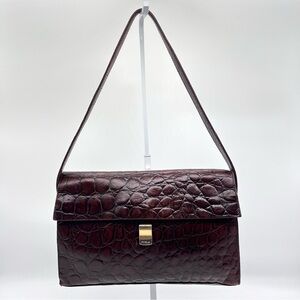 Furla Vintage Brown Croc Embossed Leather Shoulder Bag Italy GUC